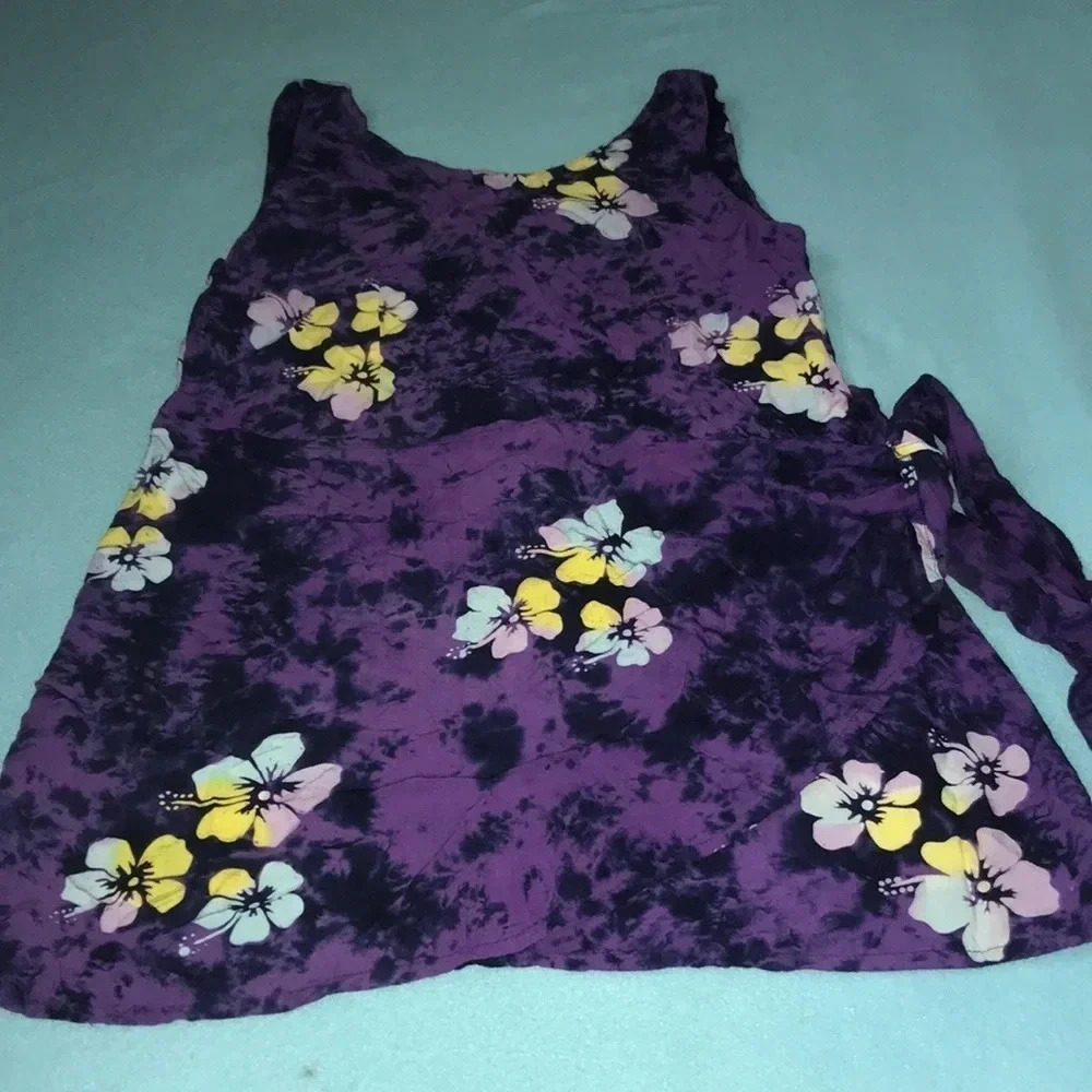 J & J FASHION HAWAII floral tie dye tank mini dress, faux wrap skirt size XL